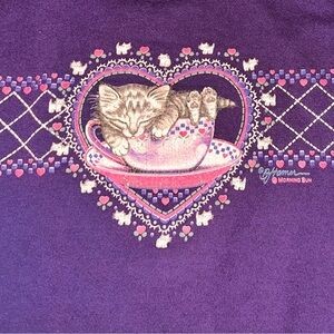 Vintage XL Grandma Style Morning Sun Jerzees Purple Cat Pullover Sweater